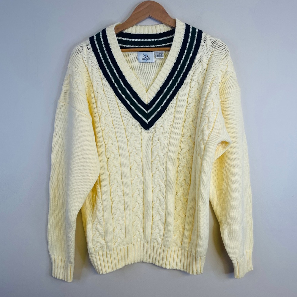 Vintage Cricket Cable Knit Sweater Mens Large Preppy Ivy V Neck Striped Acrylic